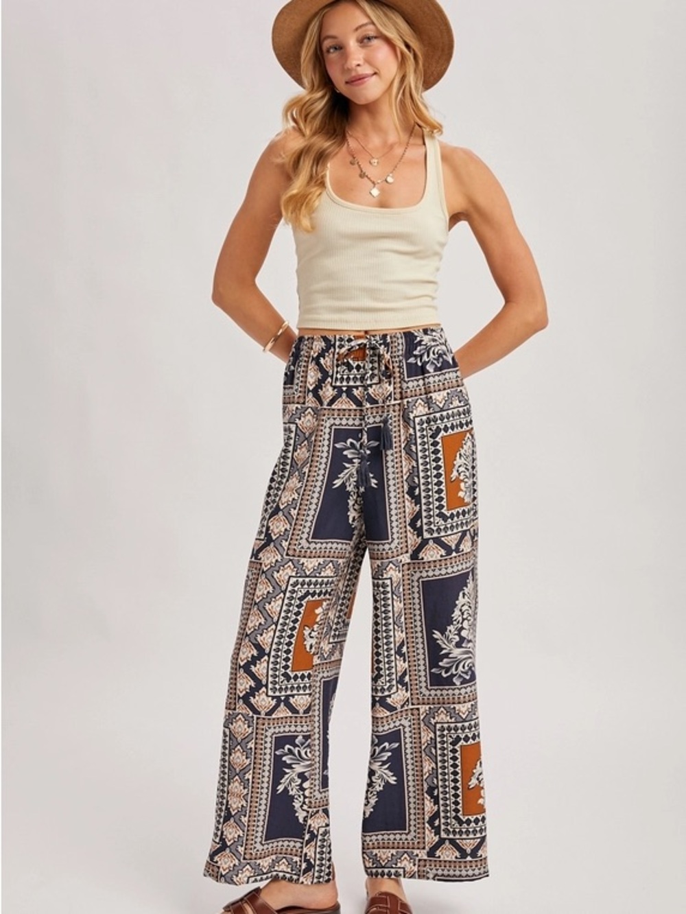 101. Bluivy Navy and Tan Block Print Wide Leg Palazzo Pants